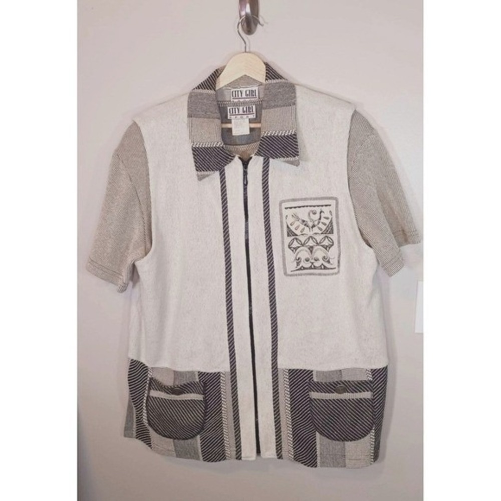 Vintage City Girl Sport Aztec Western Shirt Vest Set Black White Women's Size L